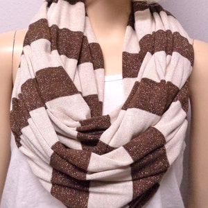 Brown & light Tan with Sparkly  Stripes Super Cute- Soft Sweater knit  Infinity Scarf