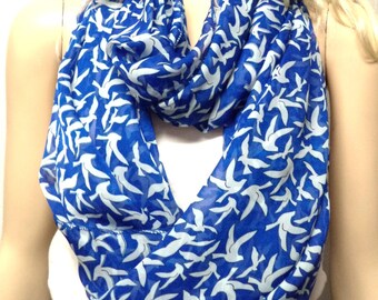 BIRDS Royale Blue & White birdsPrint   -  Infinity Scarf--Light and  Comfy Chiffon