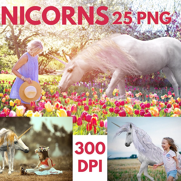 Unicorn Horse superpone 25 superposiciones png para Photoshop.  Descarga de unicornios blancos. Superposición de fotos. Superposiciones de unicornios de caballos de fantasía
