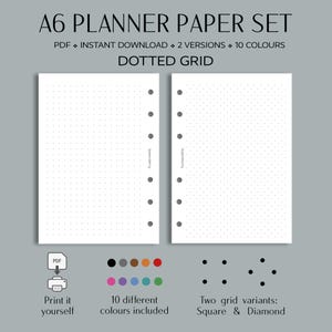 Puede incluir: Conjunto de papel para agenda A6 con dos hojas blancas con patrones de cuadrícula de puntos, seis agujeros para archivador en el lateral y el texto "Septemberry". Incluye 10 colores, dos variantes de cuadrícula y descarga en PDF.