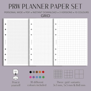 Könnte beinhalten: Ein Set aus drei weißen Planer-Papierbögen mit Rastermustern, die an der linken Seite sechs gelochte Öffnungen aufweisen. Der Text lautet PRW PLANNER PAPER SET, PDF, 3 VERSIONS, 10 COLOURS, GRID sowie 3x3 mm, 5x5 mm & 8x8 mm.