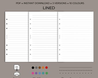 Lined A5 planner paper set / instant download PDF files / 10 different colours