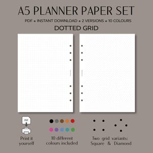 May include: A5 planner paper set with a dotted grid design. The image shows two white pages with a dot grid pattern, along with icons and text indicating PDF download, 10 colors, and two grid variants: square and diamond.