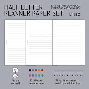 Puede incluir: Un conjunto de papel para agenda en formato media carta con tres versiones de papel rayado. El texto dice: HALF LETTER PLANNER PAPER SET, PDF INSTANT DOWNLOAD, 3 VERSIONS, 10 COLOURS, LINED, Print it yourself, 10 different colours included, Three line variants: Solid, dashed & dotted.