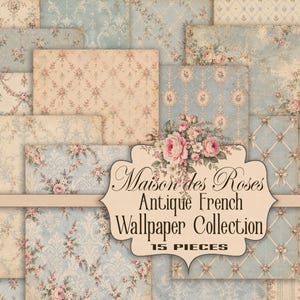 Puede incluir: Una colección de 15 papeles digitales con patrones de papel tapiz francés antiguo en tonos azul, crema y rosa con motivos florales, diseños de damasco y patrones de celosía, etiquetada Maison des Roses Antique French Wallpaper Collection.