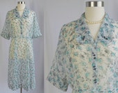 1920s Dress 20s Aqua Gray Black Floral Voile Day Dress Rhinestone Button Decor Charming Flapper Excellent Condition Medium Large