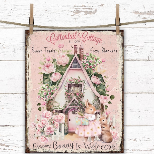 Easter Printable Cottontail Cottage Shabby Chic Pink Roses DIY Digital Farmhouse Sign PNG Transfer Wreath Tiered Tray Decor Cottagecore