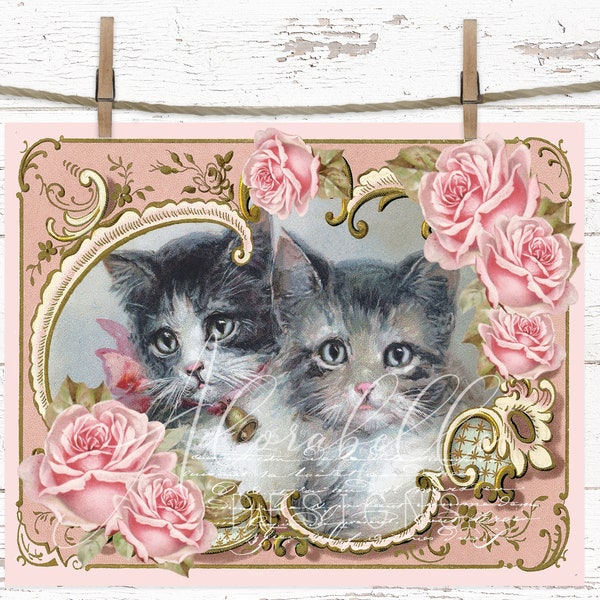 Victorian Shabby Chic Charming Kitty Pair & Roses Digital Download Transfer ~ Antique Vintage Scrapbooking Collage ~ Print/Junk Journal