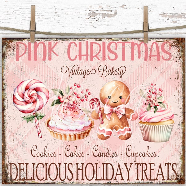 Shabby Chic Pink Christmas Vintage Bakery Digital Farmhouse DIY Holiday Treats Sign Print Transfer, Rustic Metal Cookies Candy Cupcakes Pie