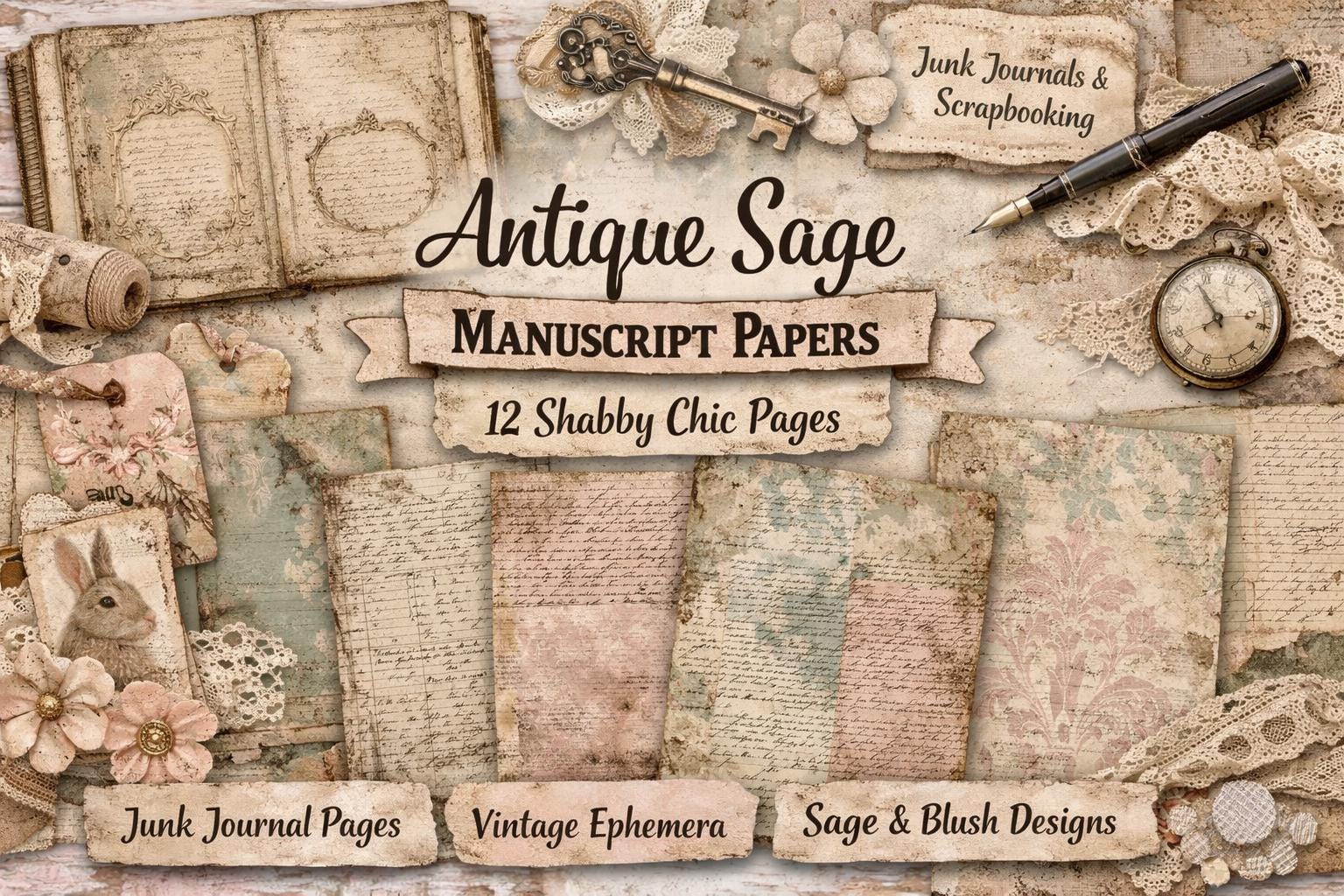 Shabby French Antique Script Journal Pages | Sage Damask Paper Pack ...