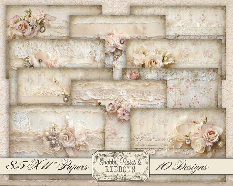 Shabby Chic Roses Digital Paper Pack, Victorian Ribbons (8.5x11, 10 ...