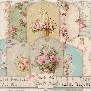May include: A collection of ten vintage-style tags with floral and basket designs. The tags feature various patterns, including roses, stripes, and damask. Each tag is approximately 3 inches by 4 inches. The words "Digital Download", "Shabby Chic", and "Roses & Baskets" are visible.