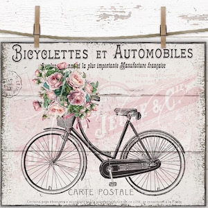 Shabby Chic Pink Roses Bicycle French Digital Print Transfer DIY Sign, Cottagecore Decor Romantic Wall Art, Vintage Farmhouse Bike Decor