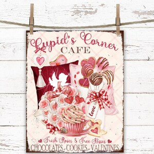 Valentine&#39;s Day Cupid&#39;s Corner Cafe Rustic Farmhouse Sign Digital Download, Rustic Farmhouse Valentine&#39;s Day Transfer, Roses Pillows Sign