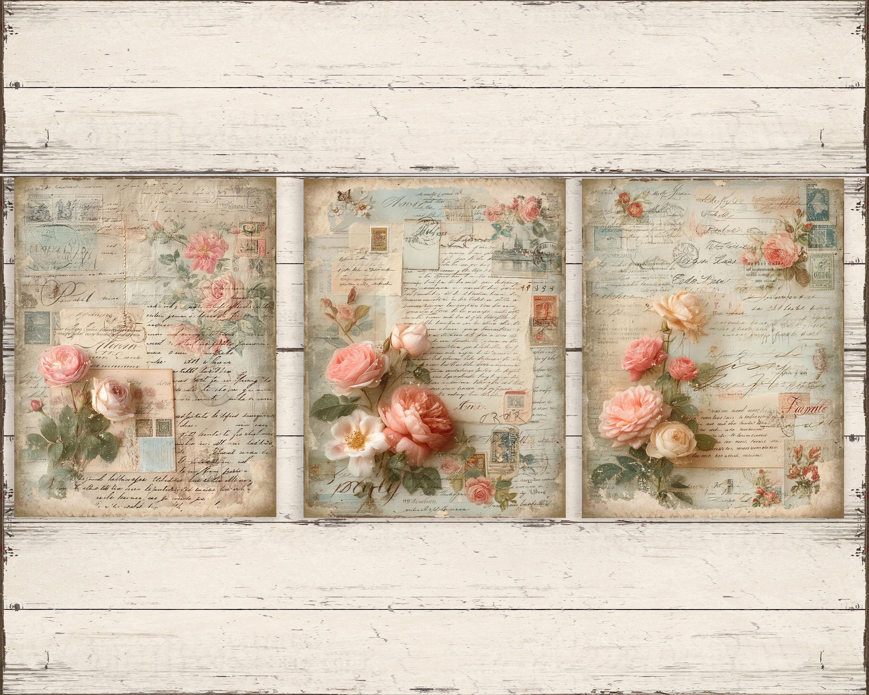Pink Roses College Shabby Chic Pink Roses Collage Paper Pack, French Ephemera (digital ...