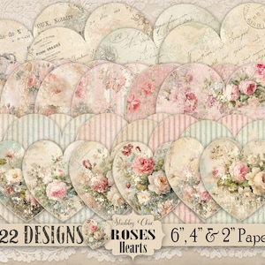 Corazones imprimibles Shabby Chic, ramos de rosas rosas digitales, almohadas con rayas, manualidades de San Valentín, diario basura de estilo rústico francés de 2,4 y 6 pulgadas