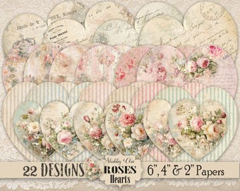 Shabby Chic Printable Hearts Digital Pink Rose Bouquets Pillow Tick Stripes DIY Valentine Craft French Farmhouse Cottage Junk Journal 2,4,6&quot;