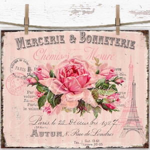 Shabby Chic Victorian Pink Roses DIY Digital Farmhouse Sign Victorian Pink Rose Transfer Eiffel Tower Decor Tiered Tray Wreath Cottagecore