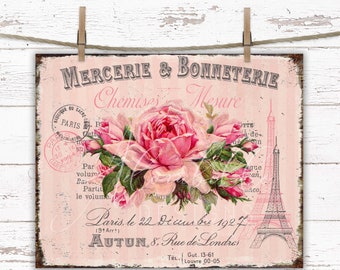Shabby Chic Pink Rose Eiffel Tower Sign: Victorian Farmhouse Decor (Digital Download)