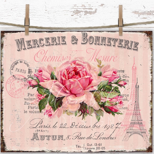 Roses roses de l'époque victorienne shabby chic, enseigne de ferme numérique bricolage, rose victorienne rose, décoration de la tour Eiffel, couronne de plateau Cottagecore