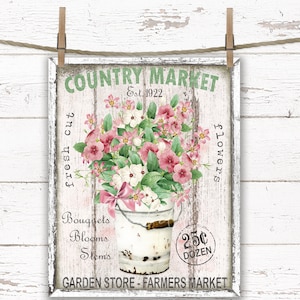 Country Farmhouse Digital Download Print Transfer, Tiered Tray Decor Enamel Bucket Pink Flowers, Cottagecore Decor Antique Vintage