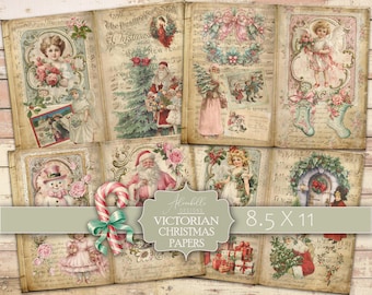May include: A set of 10 digital papers featuring vintage Christmas illustrations. The papers are in a collage style with images of angels, snowmen, Santa Claus, and other Christmas imagery. The papers are perfect for scrapbooking, card making, and other crafting projects.