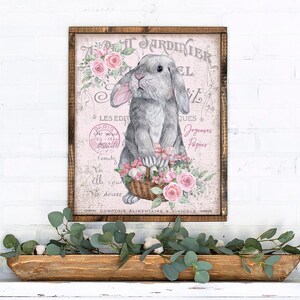 May include: A vintage-style print featuring a gray bunny rabbit holding a basket of pink flowers. The print has a pink background with French text that reads "Le Petit Jardinier" and "Comptoir Alimentaire & Vinicole".