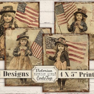 Cartões digitais 4X5 para impressão de 4 de julho, faça você mesmo, etiquetas, dia da independência, meninas vitorianas, sépia, enferrujado, país, patriótico, lixo, diário
