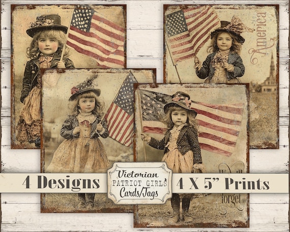 Victorian 4th of July Printable Tags: Sepia Patriotic Girls (Digital Download 4x5 Cards)
