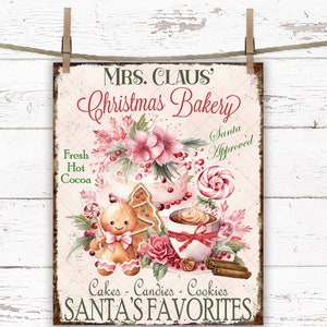 Pink Shabby Chic Mrs. Claus&#39; Christmas Bakery Digital Farmhouse DIY Holiday Sign Print Transfer, Rustic Metal Gingerbread Cookies Hot Cocoa