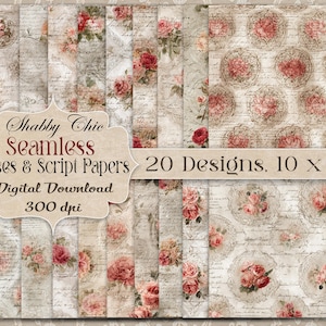 Paquet de papier numérique roses shabby chic : feuilles florales romantiques sans couture, carreaux, écriture de script (10 x 10 po.)