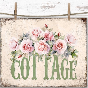 Letrero de cabaña con rosas rosas vintage estilo shabby chic, impresión digital por transferencia, letrero de bungalow de granja, bandeja escalonada, decoración cottagecore, bandeja de metal oxidado