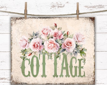 Cottage Sign Shabby Chic Vintage Pink Roses Digital Print Transfer, Farmhouse Bungalow Sign, Tiered Tray Cottagecore Decor Rusty Metal Tray