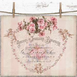 Shabby Chic Cherubs Printable DIY French Victorian Angels Cupid Digital Romantic Pink Roses Farmhouse Print Wall Art Junk Journal Cottage