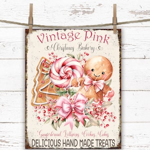 Pink Shabby Chic Vintage Christmas Bakery Digital Farmhouse DIY Holiday Sign Print Transfer Rustic Metal Christmas Decor Gingerbread Cookies