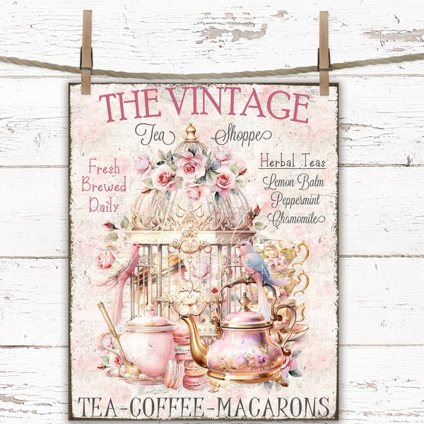 Shabby Chic Tea Shoppe Pink Roses Digital Sign Print Transfer, Farmhouse Tea Party DIY Tiered Tray Pink Kitchen Birdcage Tea Cups Macarons