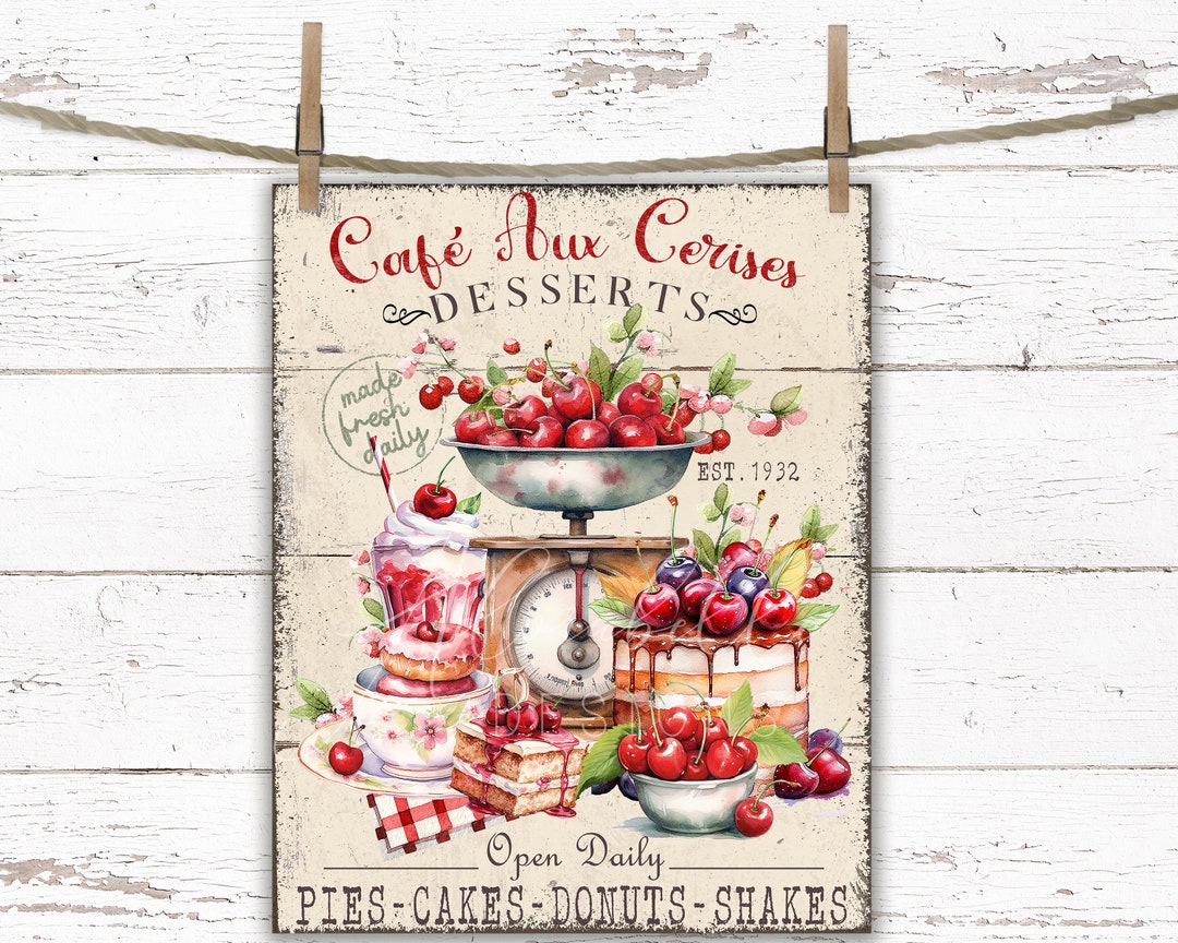 Cherry Desserts Sign: Rustic Farmhouse Kitchen Wall Art (digital
