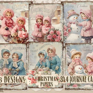 Etiquetas de papel vintage para niños, imprimibles navideños, bricolaje, digitales, estilo shabby chic, rosas rosas, mini impresiones de 3x4, decoración de coronas navideñas, diario basura, manualidades