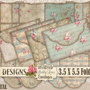 Shabby Chic Roses afdrukbare 3,5 x 5,5 digitale noodlijdende enveloppen DIY briefpapier land Franse boerderij Grunge Feed Sack Cottage 12 ontwerpen