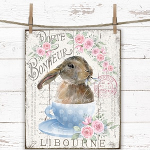 Print konijntje theekopje: shabby chic rozen, Frans landelijk decor (digitale download)