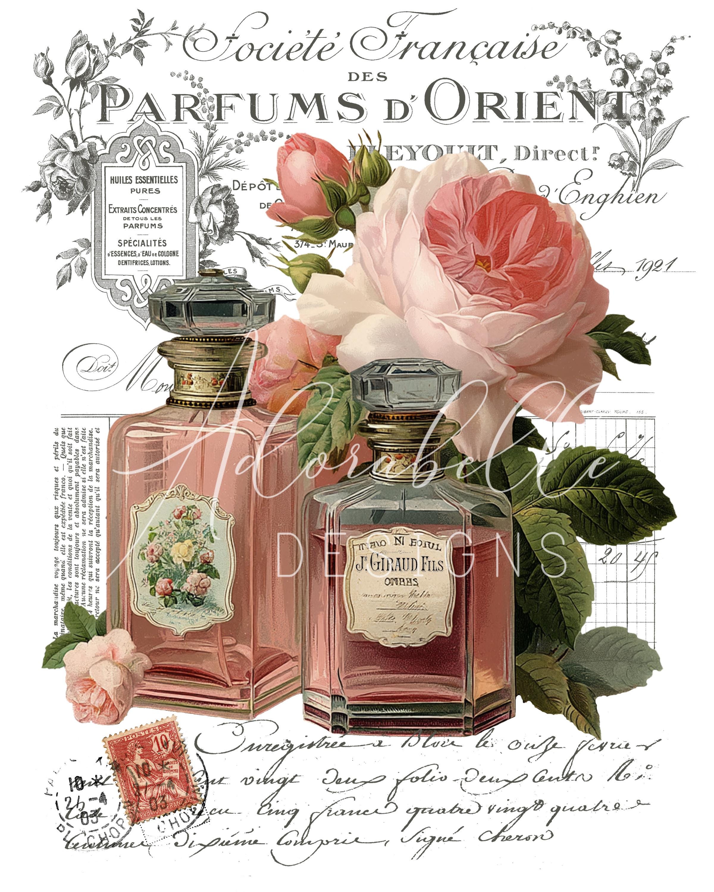 French Perfume Bottle Print: Pink Roses, Vintage Shabby Chic (digital ...