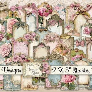 Coquette victorienne imprimable shabby chic roses et noeuds étiquettes numériques cartes journal indésirable bricolage articles artisanaux ferme 2 x 3" cottage core JPG PNG