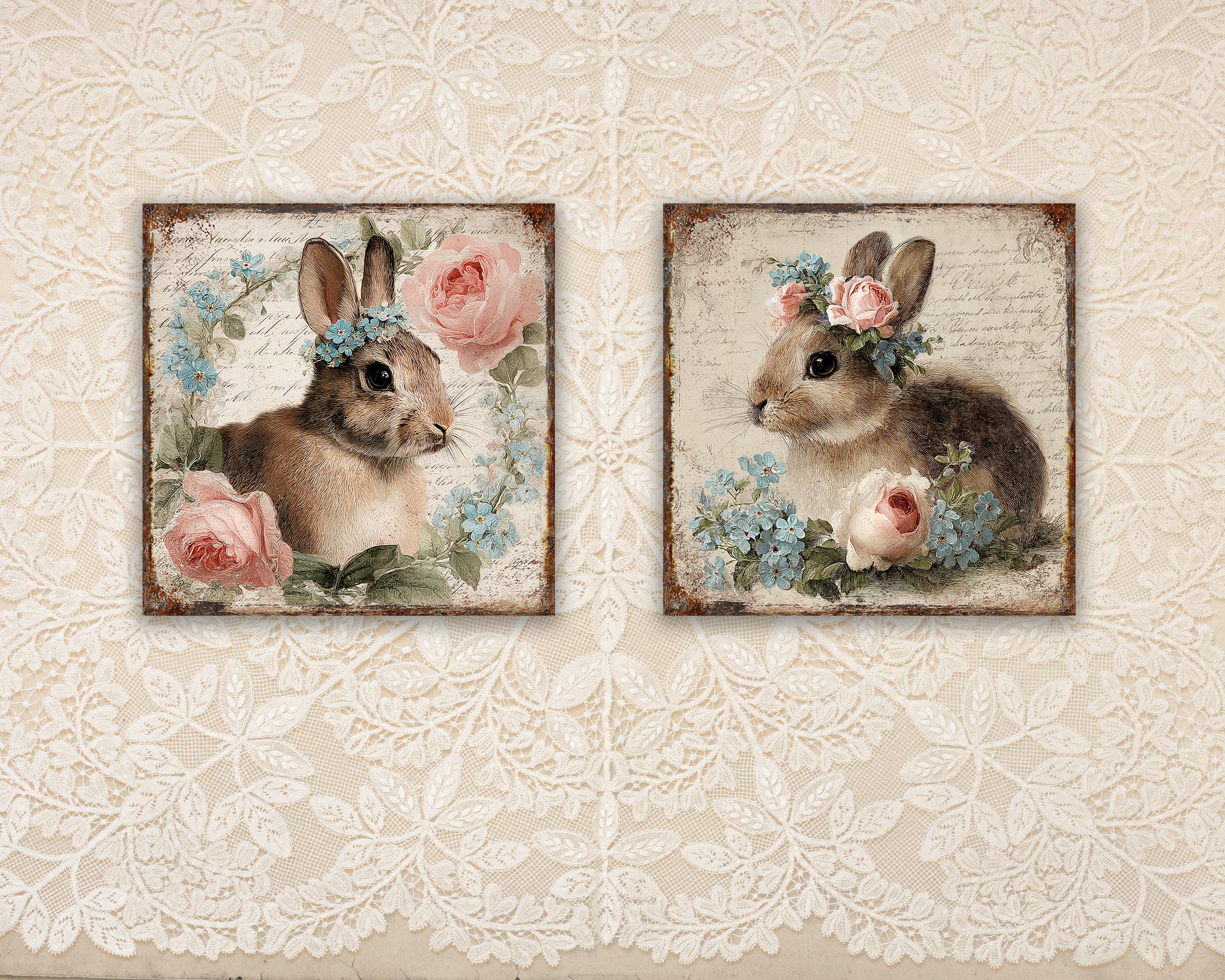 Vintage Rabbit Pattern 4x4 Vintage Bunny Printable: Victorian Floral Rabbit, Shabby Chic ...