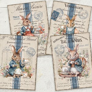 May include: Four vintage postcards featuring illustrations of rabbits in blue jackets holding teacups and teapots. The postcards have French text and stamps.