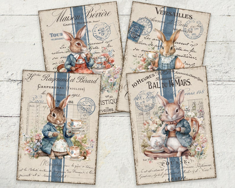 May include: Four vintage postcards featuring illustrations of rabbits in blue jackets holding teacups and teapots. The postcards have French text and stamps.