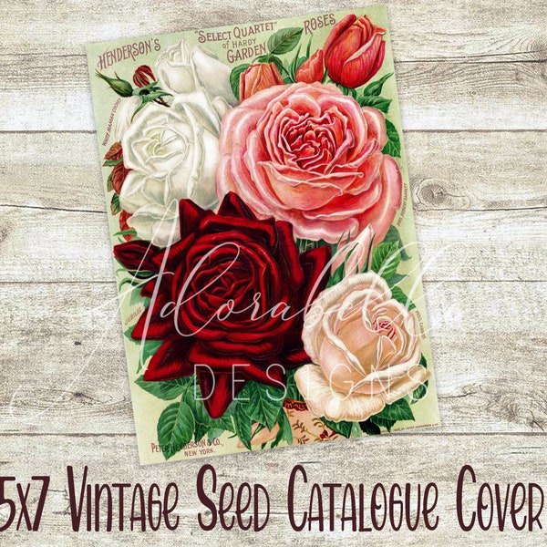 Seed Catalogue Cover DIY Digital Printable Garden Print Henderson Pink Roses Vintage Craft Supplies Tiered Tray Wreath Country Kitchen Decor