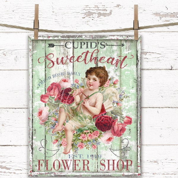 Valentines Day Victorian Cupid Sweetheart Flower Shop Print Picture Instant Download, Farmhouse Rustic DIY Valentine Transfer, Digital Sign