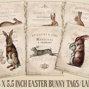 Ostern druckbare primitive digitale DIY Hase französische Lapin Drucke 4.25x5.5 Junk Journal Tags Karten Seiten rustikale braune Kaninchen Land Handwerk