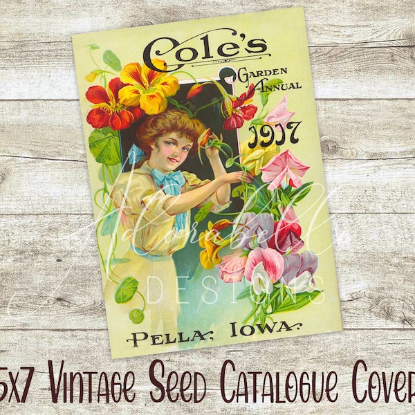 Seed Catalogue Cover DIY Digital Printable Coles 1917 Garden Print Junk Journal Page Craft Supplies Tiered Tray Wreath Country Kitchen Decor