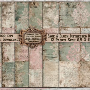 Pagine di diario con scritta antica francese shabby chic / Pacchetto di carta damascata color salvia / Download digitale di materiale vintage effimero